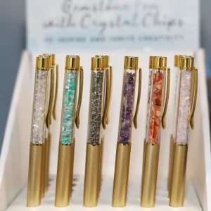 Edelsteen Pen – Goudkleurig | Gevuld met Amethist, Rozenkwarts, Bergkristal, Carneool, Pyriet of Amazoniet